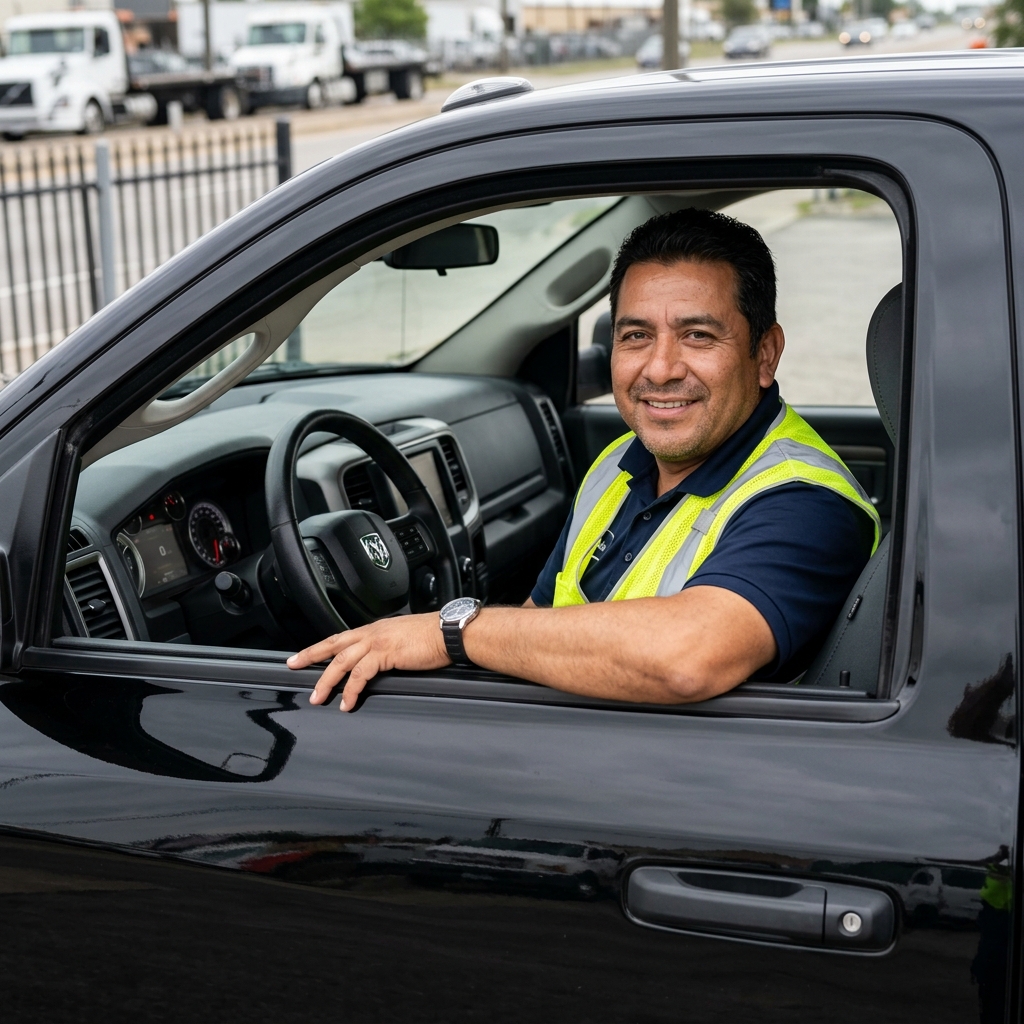 JS Towing professional Latino driver seen from outside truck cab